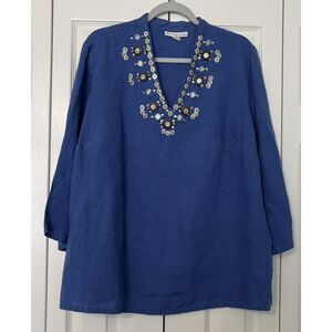 Beaded 100% Linen V- Neck Flare Sleeve Top 18 W Coastal, Resort, Vacation Boho